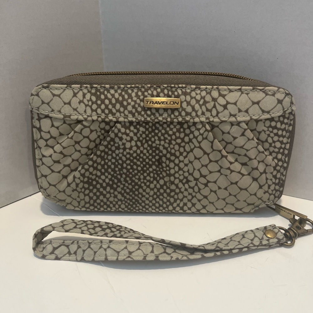 Travelon Animal Print Brown Clutch Wristlet with Detachable Strap